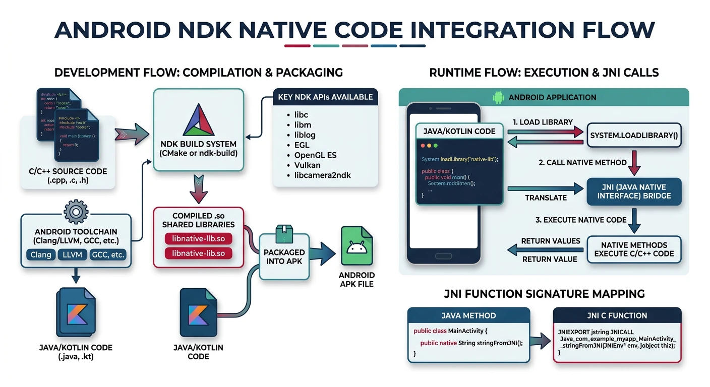 Android NDK integration flow showing C/C++ native code compilation and linking with Android applications