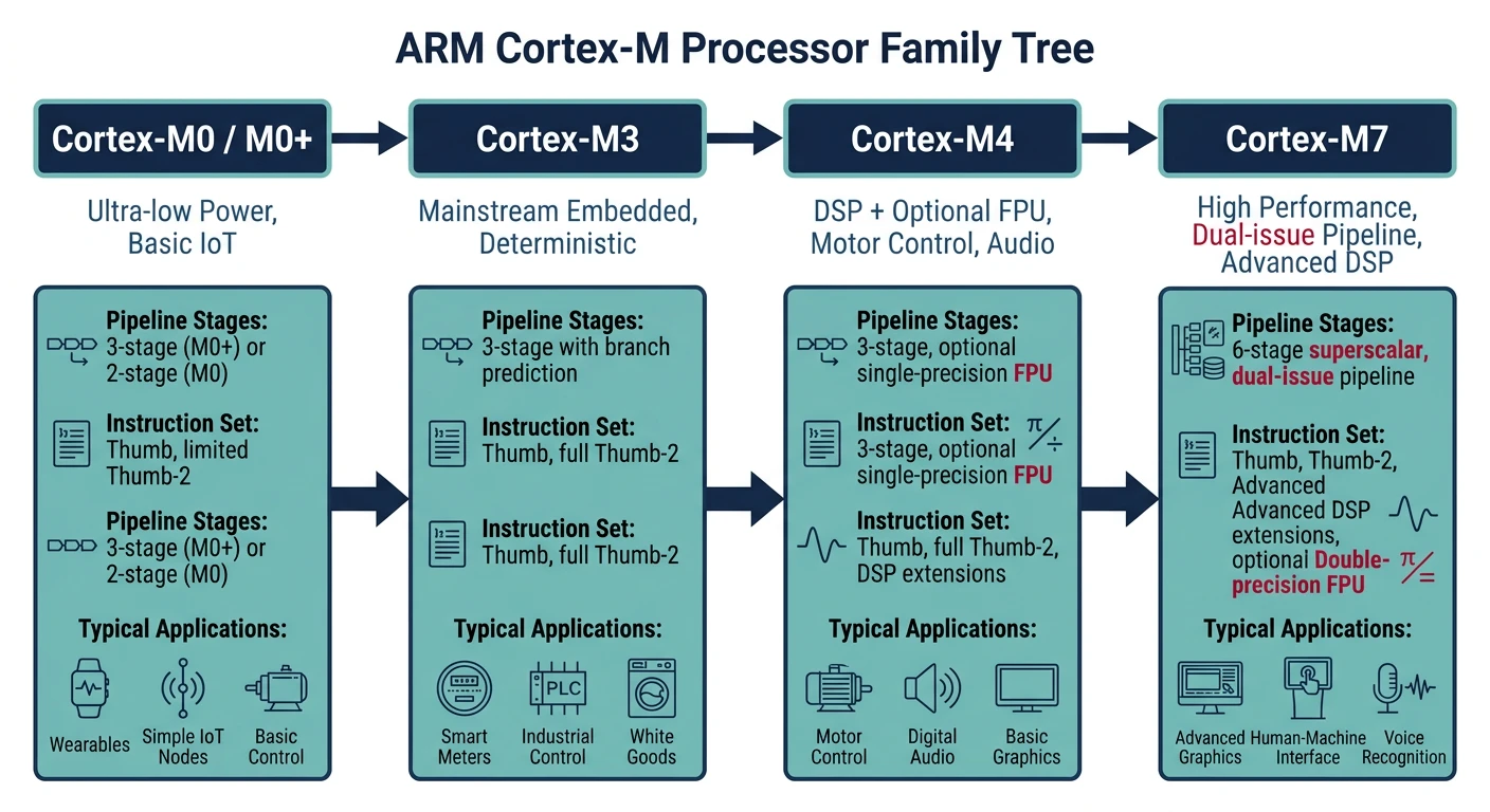 ARM Cortex-M processor family diagram showing M0, M3, M4, and M7 variants with their features and typical use cases