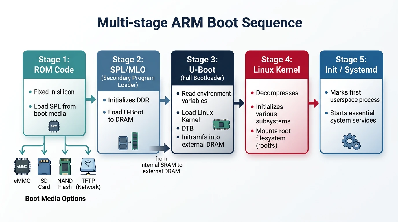 ARM multi-stage boot sequence from ROM bootloader through SPL, U-Boot, kernel, to userspace