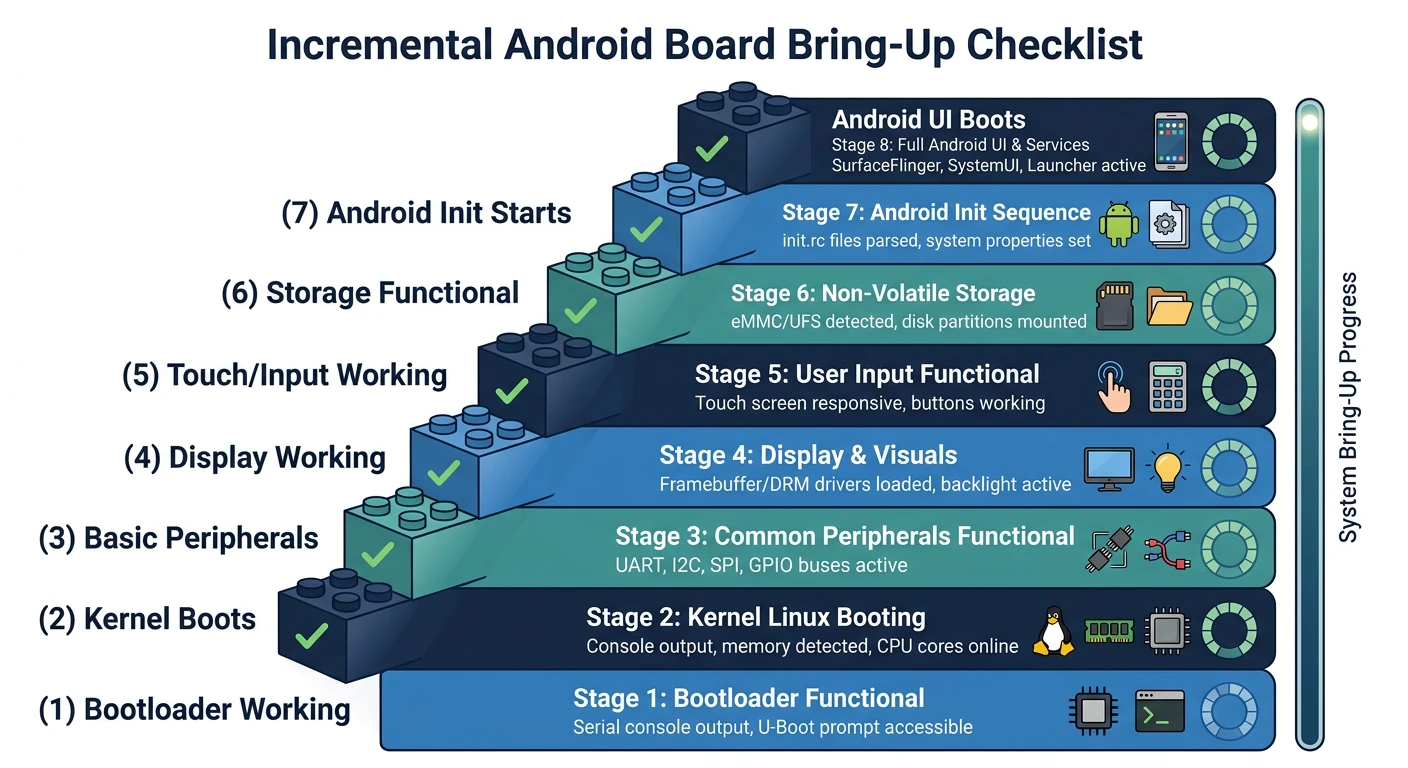 Board bring-up process showing incremental stages from bootloader to full Android boot