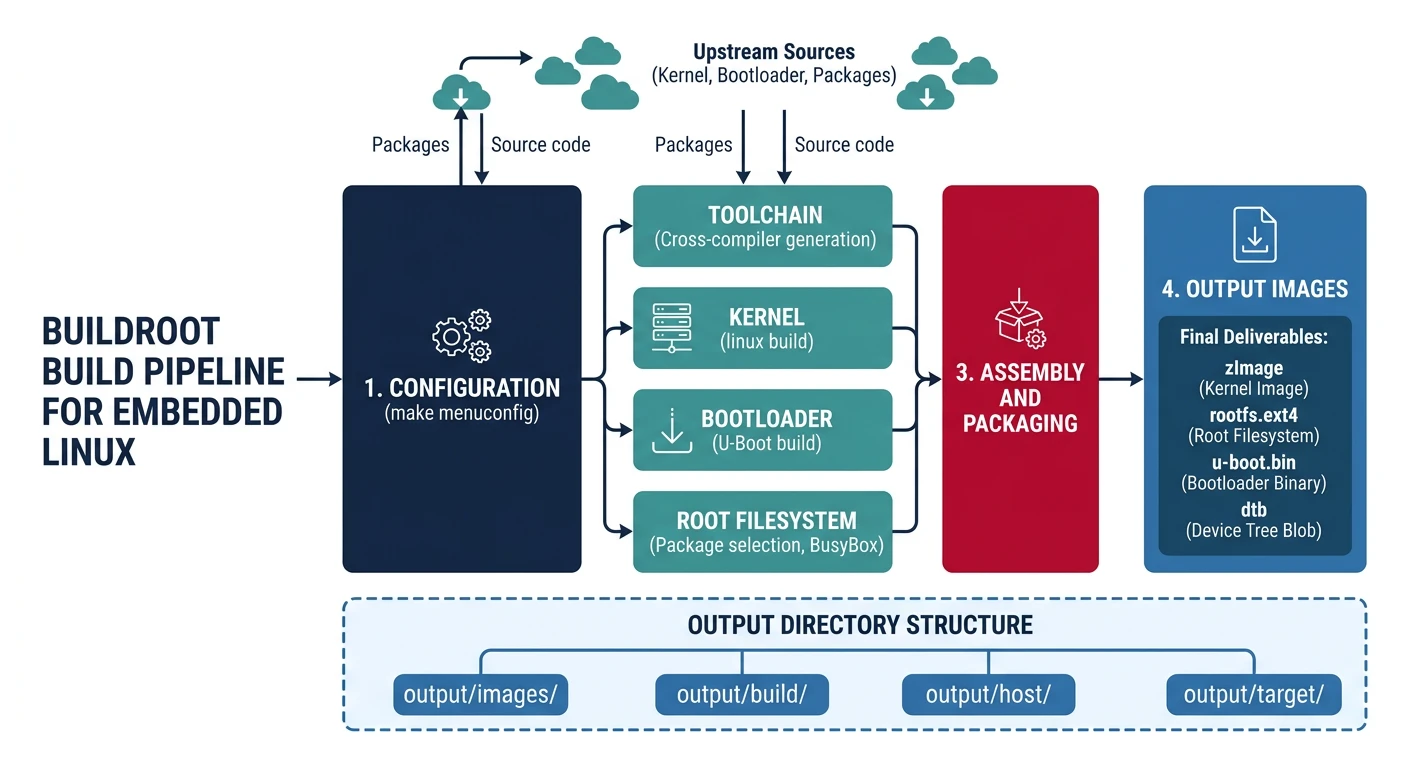Flowchart showing the Buildroot build process from configuration through toolchain, kernel, and rootfs generation