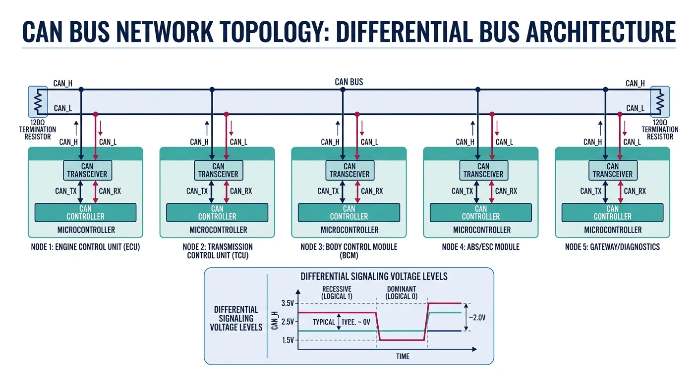 CAN bus network diagram showing differential CAN_H and CAN_L lines with termination resistors connecting multiple ECU nodes