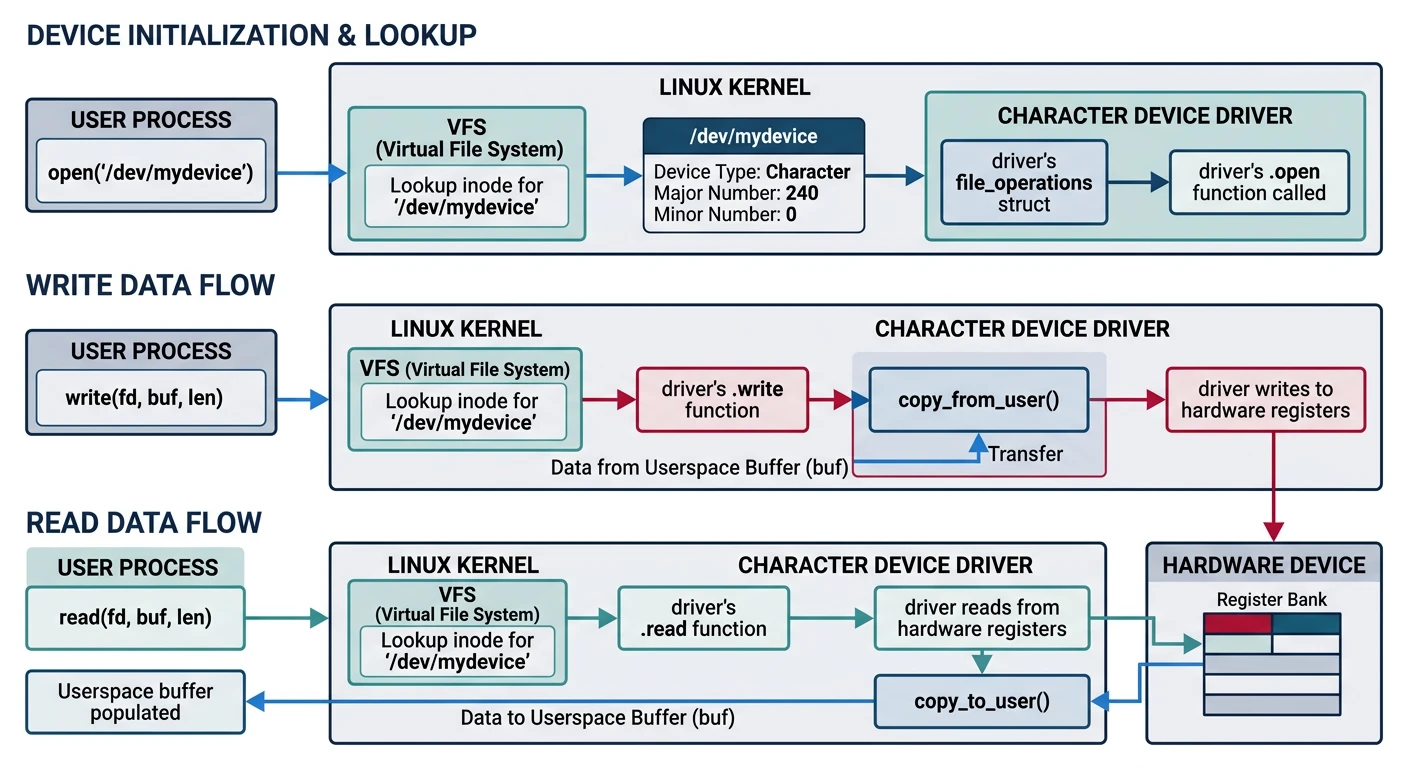 Diagram showing character device driver data flow from userspace open/read/write calls through file operations to hardware