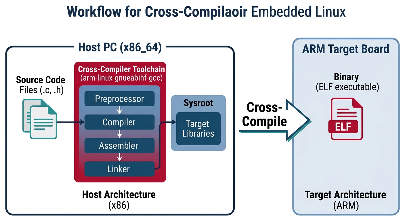 Diagram showing cross-compilation workflow from x86 host to ARM target with toolchain components