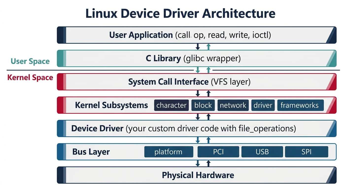 Layered diagram showing userspace applications communicating through system calls to kernel device drivers and hardware