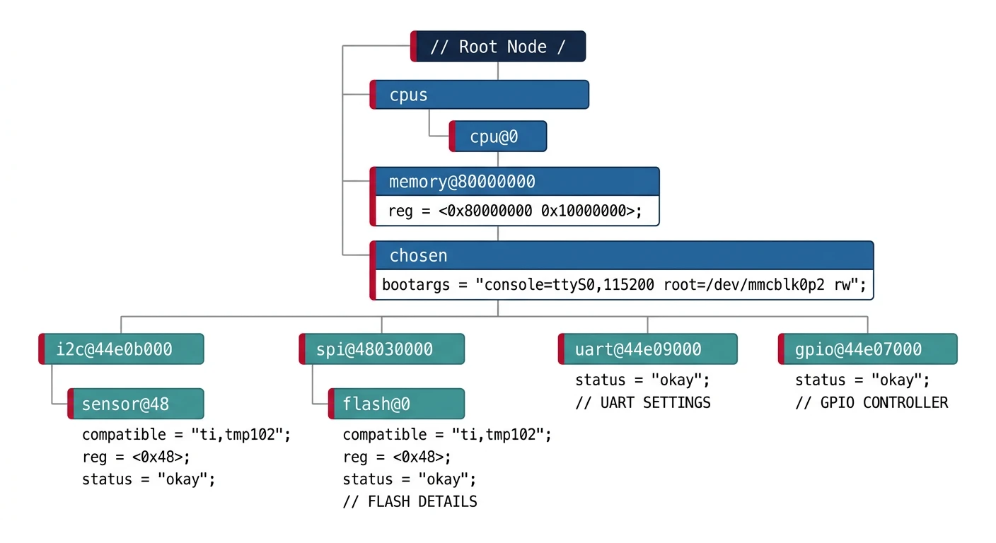 Device tree structure showing hierarchical hardware description nodes for peripherals, memory, and buses
