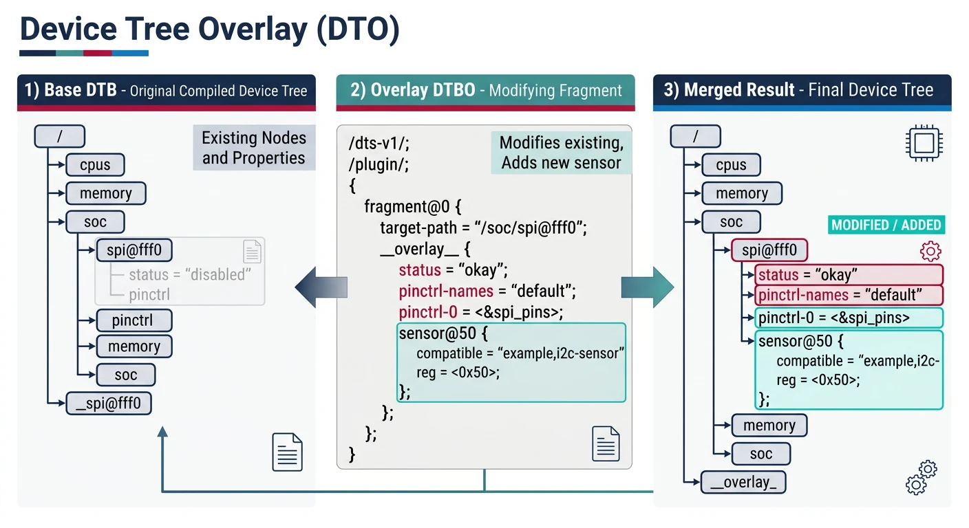 Diagram showing device tree overlay mechanism with base DTB, overlay fragments, and merged result