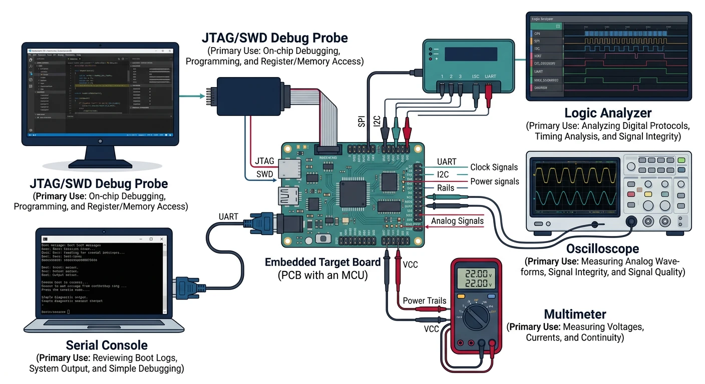 Overview diagram of embedded debugging tools including JTAG probe, logic analyzer, oscilloscope, and serial console connected to target board