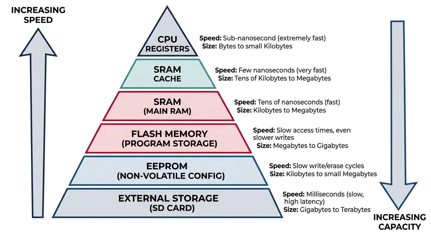 Memory hierarchy diagram showing Flash, SRAM, EEPROM, and registers with their speed and size characteristics