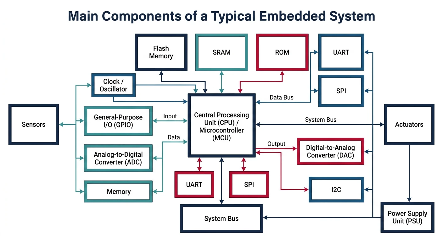 Diagram showing the main components of an embedded system including processor, memory, I/O peripherals, and sensors