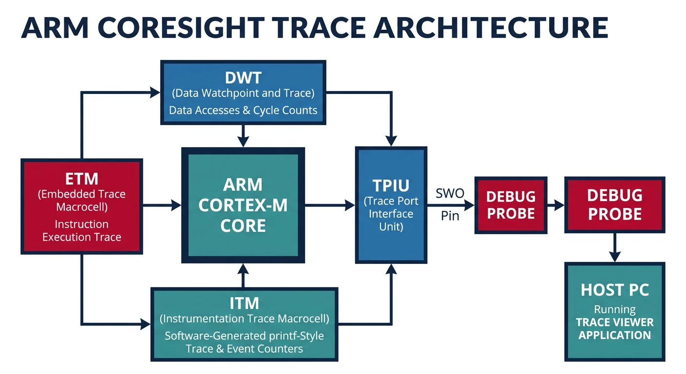 Diagram showing ETM and ITM trace data flow from ARM Cortex-M core through TPIU to debug probe and host PC