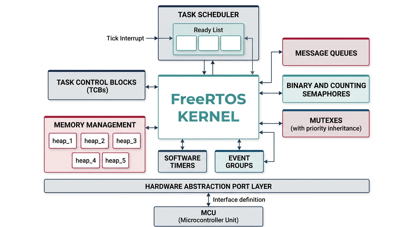 FreeRTOS kernel architecture diagram showing scheduler, task control blocks, queues, semaphores, and timer service