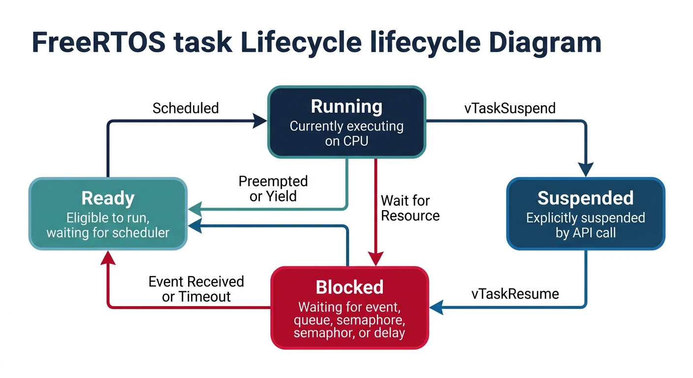 State diagram showing FreeRTOS task lifecycle with Running, Ready, Blocked, and Suspended states and transitions