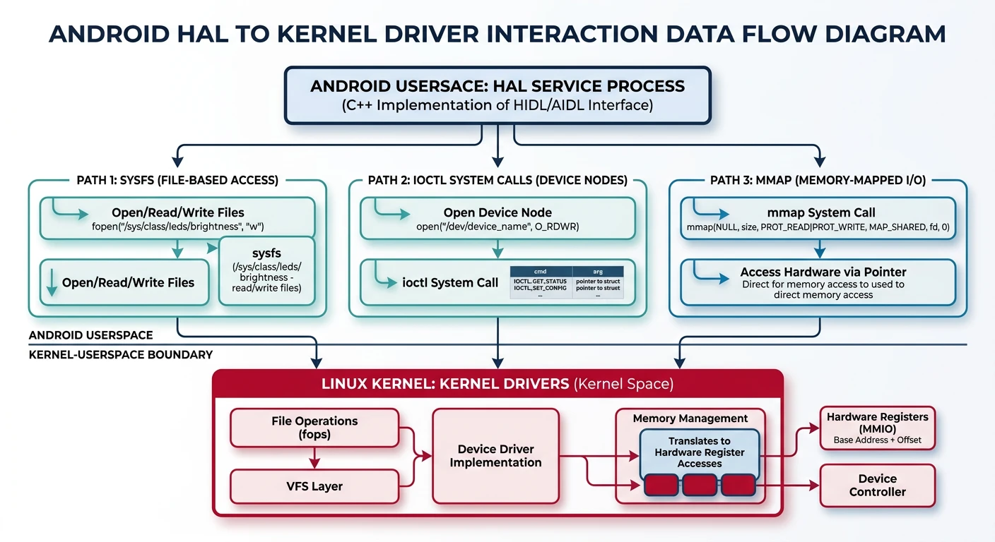 HAL implementation interacting with kernel drivers through sysfs and ioctl system calls