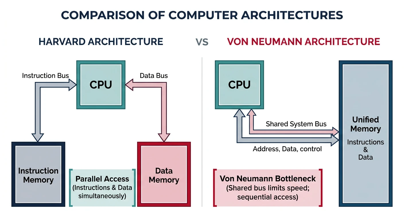 Diagram comparing Harvard architecture with separate instruction and data buses versus Von Neumann architecture with a shared bus