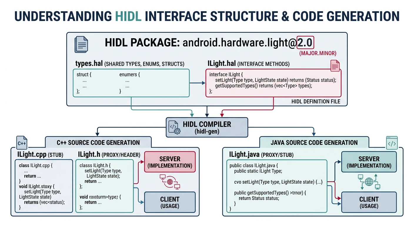HIDL interface definition structure showing versioned packages, types, and method signatures