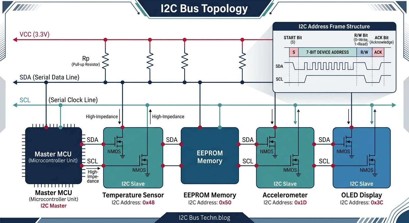 I2C bus diagram showing SDA and SCL lines with pull-up resistors connecting a master MCU to multiple addressed slave devices