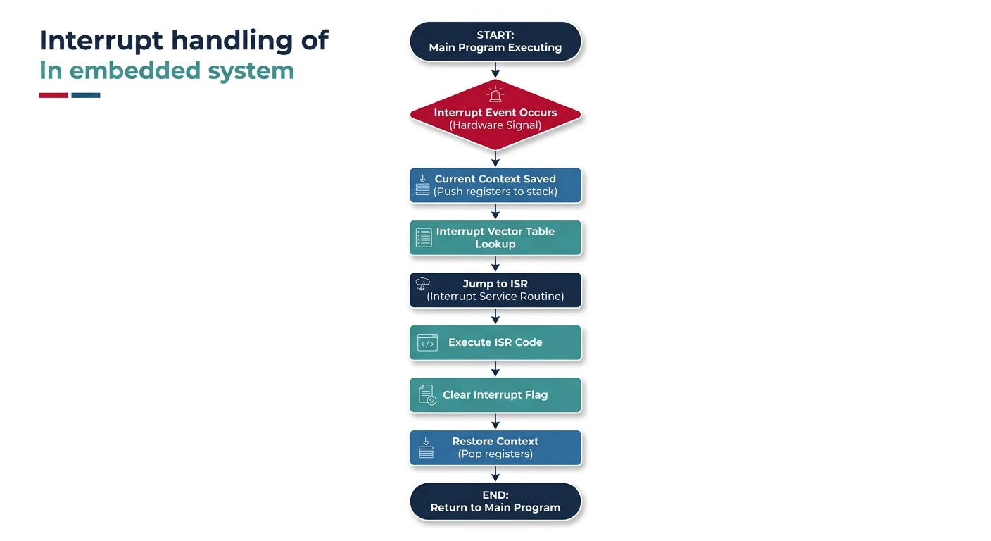 Flowchart showing the interrupt handling process from event trigger through ISR execution and context restoration