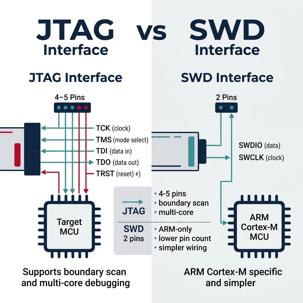 Comparison diagram of JTAG and SWD debug interfaces showing pin connections and signal routing to target MCU