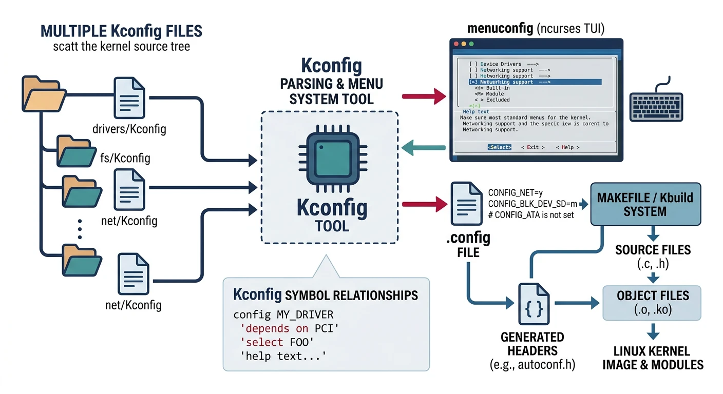 Diagram showing Kconfig system with Kconfig files, menuconfig interface, and generated .config output