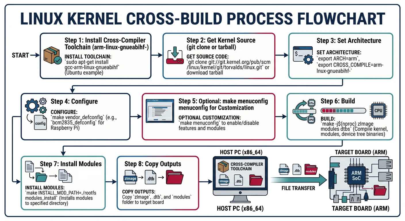 Flowchart showing kernel build process from cross-compiler setup through make zImage, modules, and dtbs to deployment