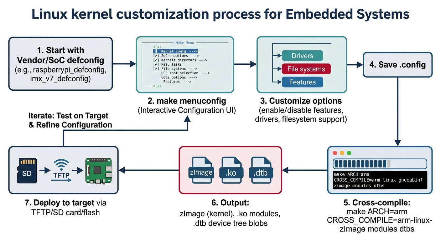 Diagram showing kernel customization workflow from defconfig through menuconfig to optimized embedded kernel image