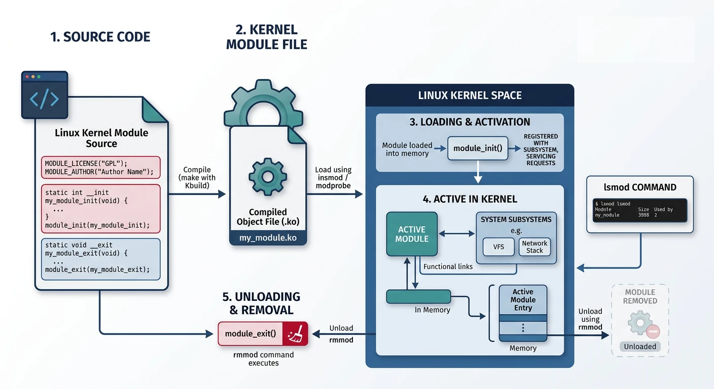 Diagram showing kernel module lifecycle with insmod loading, lsmod listing, and rmmod unloading stages