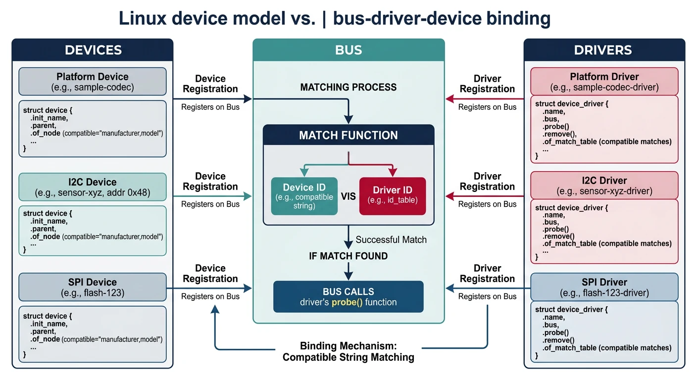 Diagram showing Linux device model with bus, device, and driver relationship and automatic binding mechanism