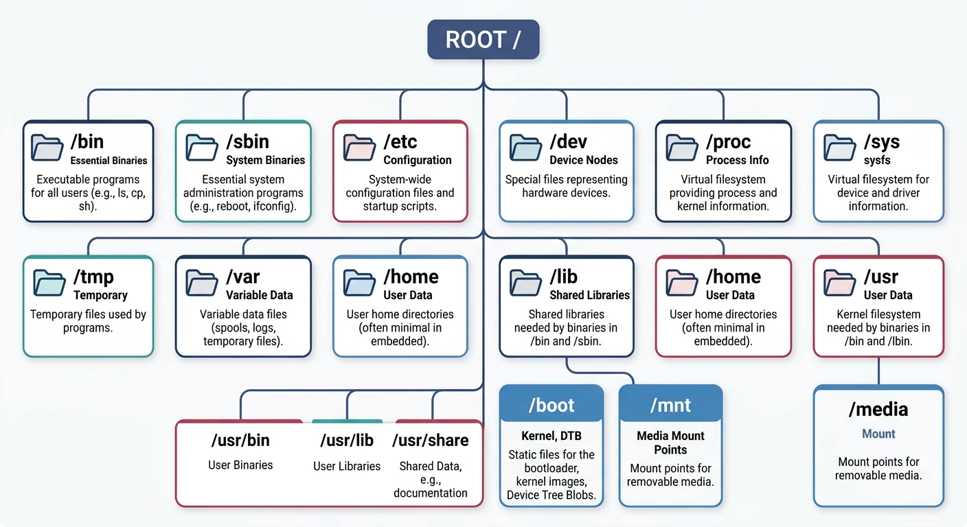 Tree diagram of the Linux filesystem hierarchy showing root directories and their purposes