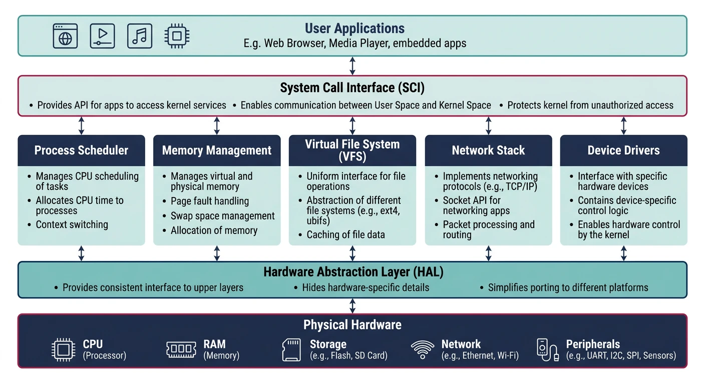 Diagram showing Linux kernel architecture with process scheduler, memory management, VFS, networking stack, and device driver subsystems