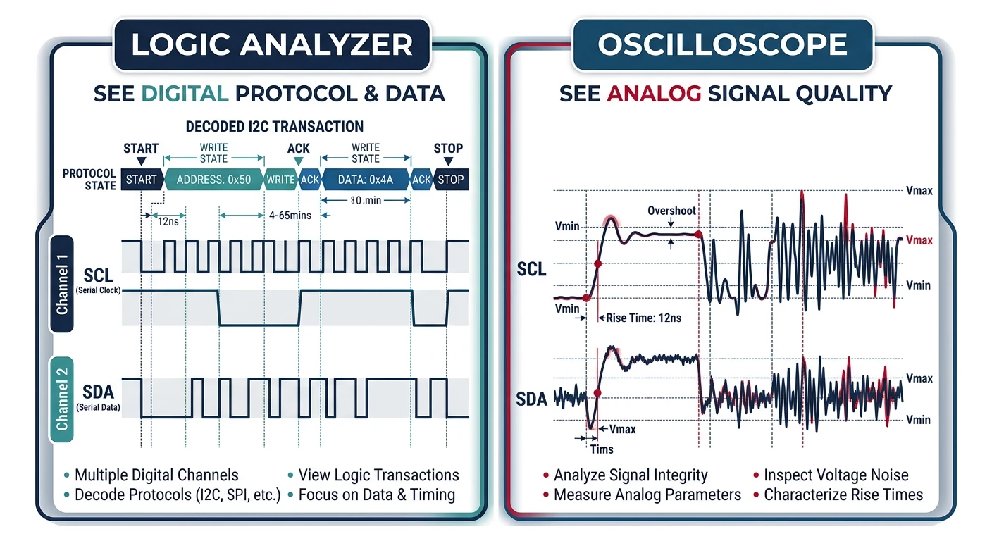 Side-by-side comparison of logic analyzer capturing digital protocol waveforms and oscilloscope showing analog signal characteristics