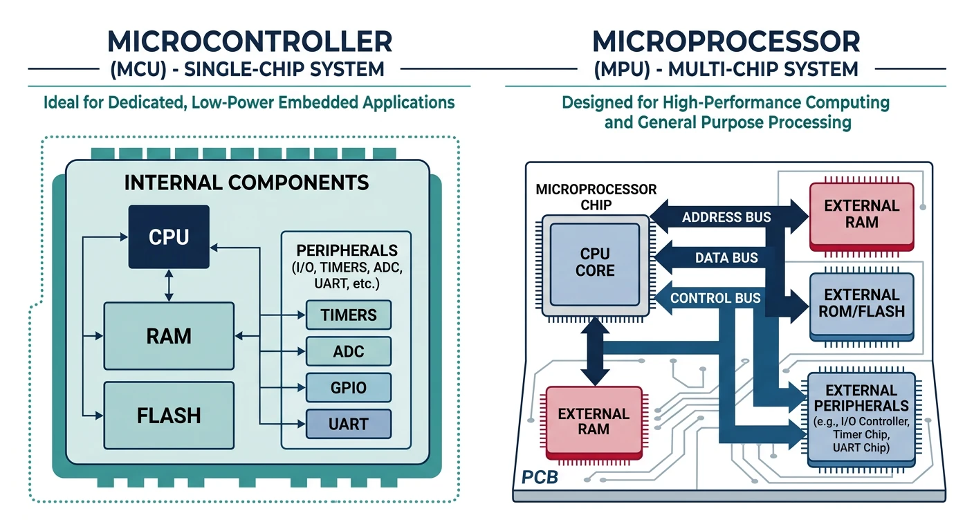 Side-by-side comparison of microcontroller and microprocessor architectures showing integrated versus external components