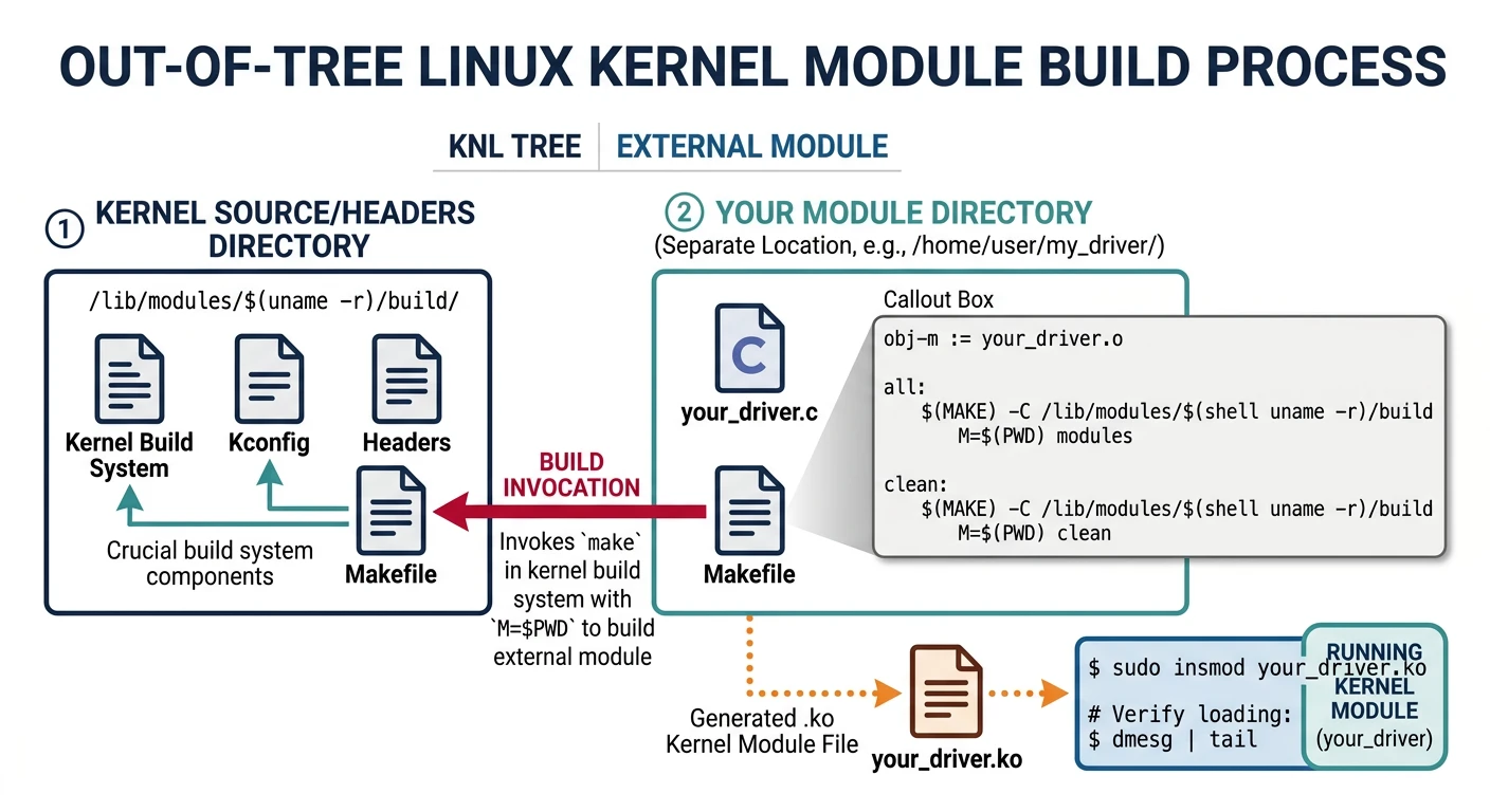 Diagram showing out-of-tree module build setup with separate source directory, Makefile, and kernel source headers