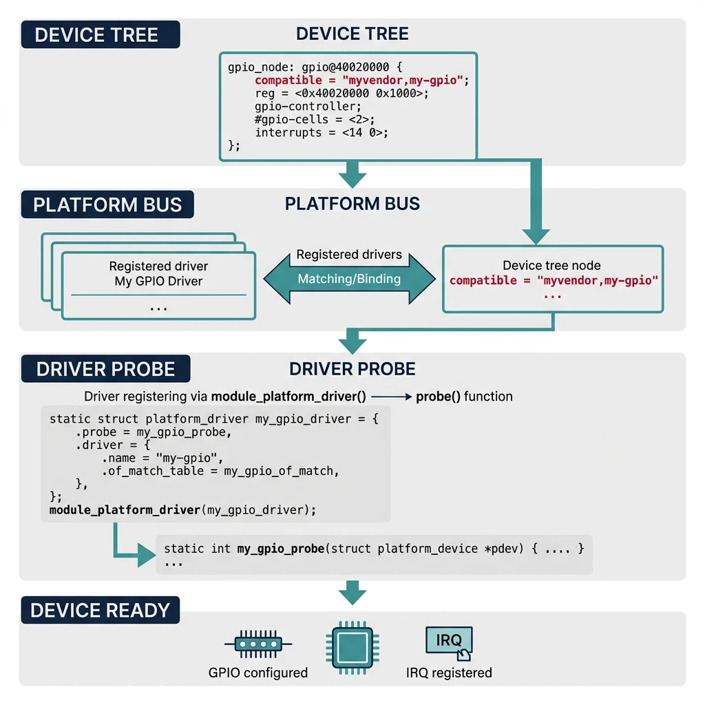 Diagram showing platform driver probe flow from device tree description through platform bus to driver probe function