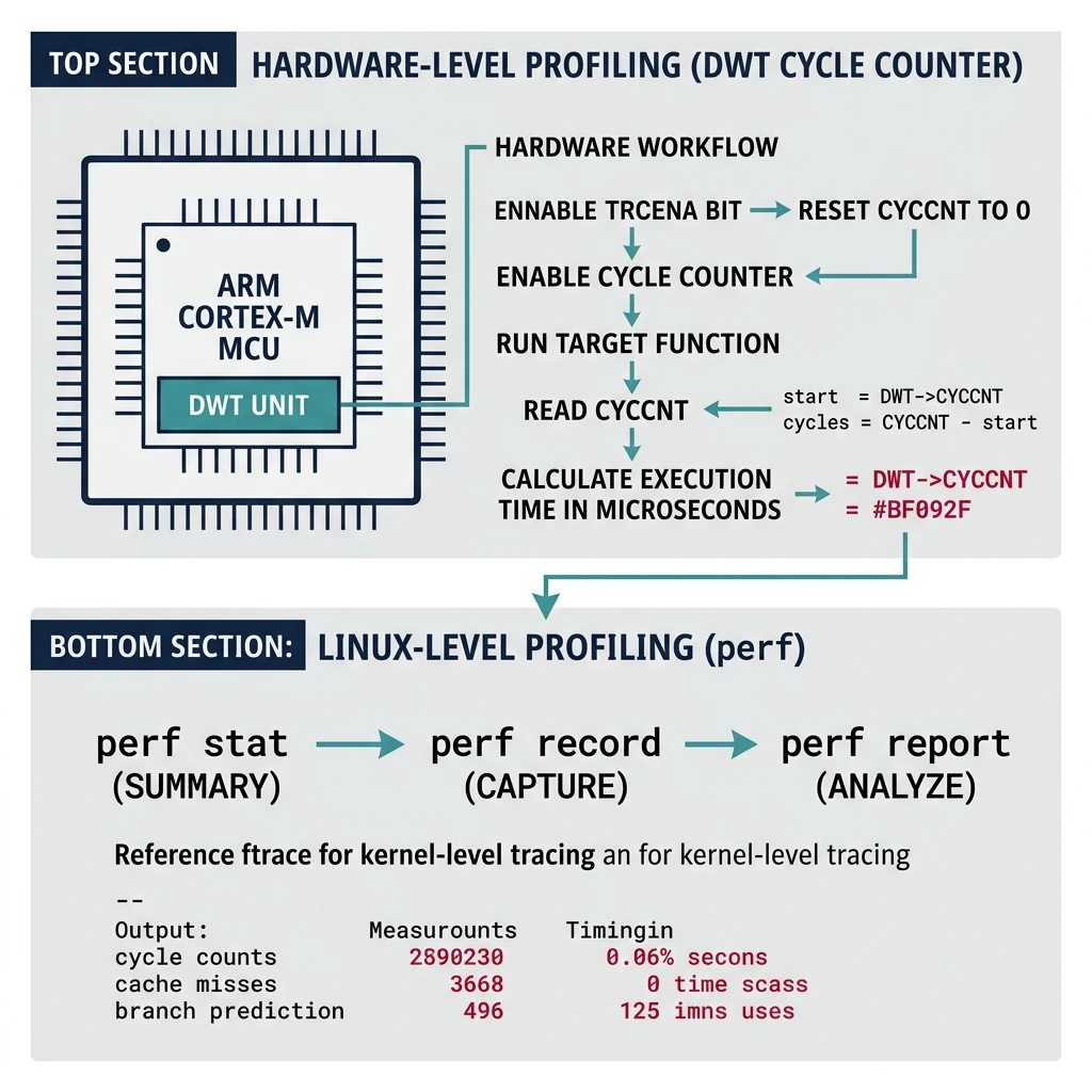 Diagram showing embedded profiling workflow with DWT cycle counter, perf tool output, and execution time measurement