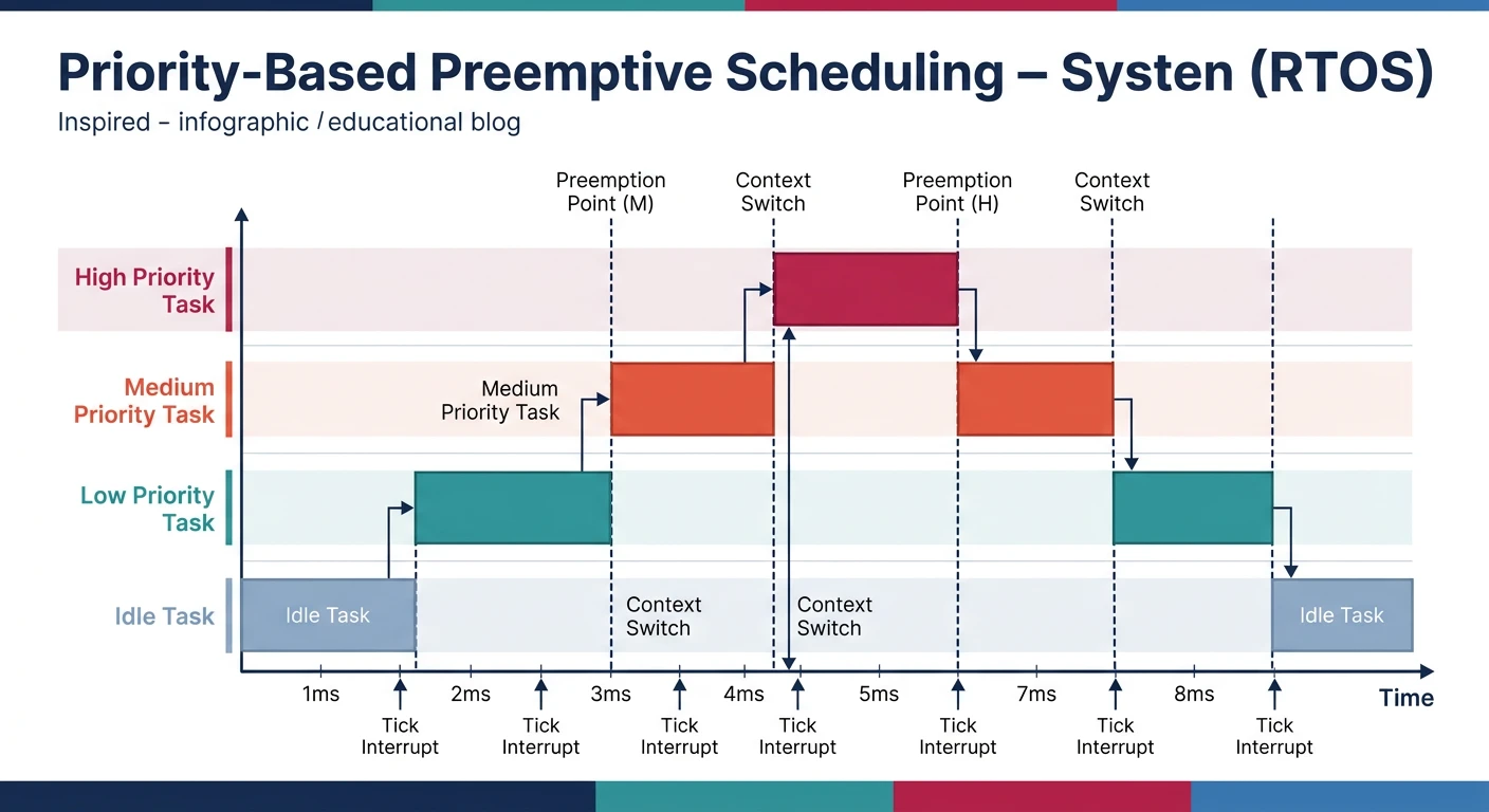 Timeline diagram showing priority-based preemptive scheduling with task preemption, time slicing, and idle task execution