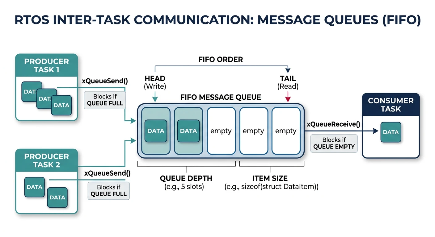Diagram showing RTOS inter-task communication via message queues with producer tasks sending and consumer tasks receiving data
