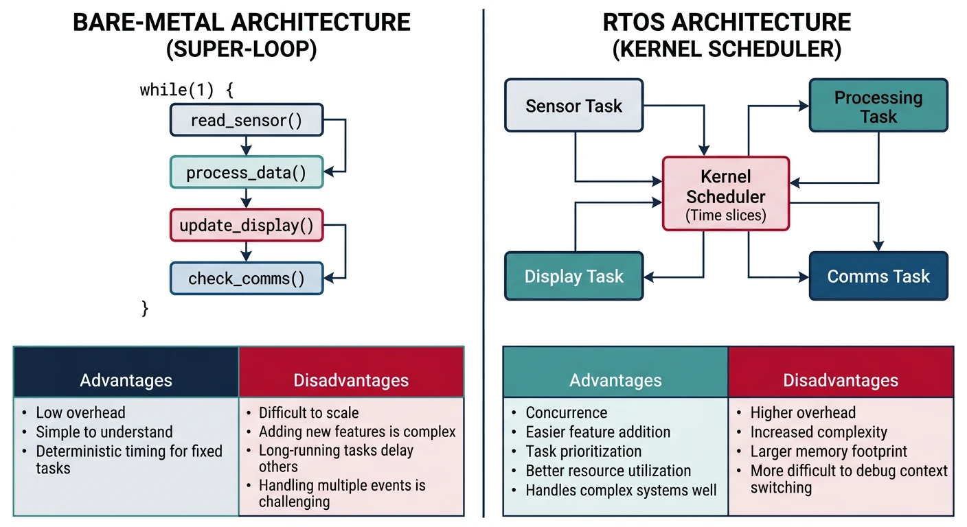 Comparison diagram showing bare-metal super loop architecture versus RTOS multi-task preemptive scheduling model