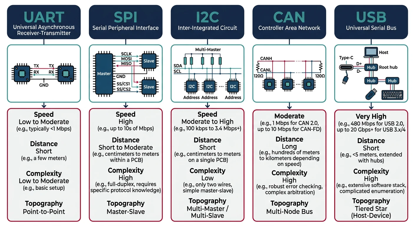 Overview diagram showing common embedded communication protocols UART, SPI, I2C, CAN, and USB with their wiring and topology