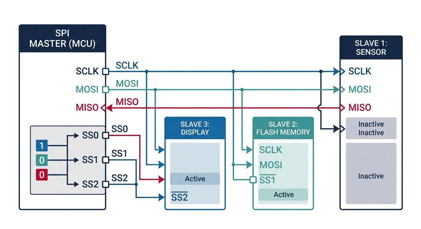 SPI bus diagram showing master device connected to multiple slaves via SCLK, MOSI, MISO lines with individual chip select signals