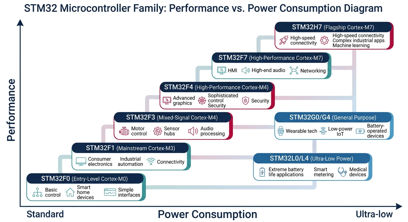 STM32 microcontroller family tree showing different series organized by performance level, power consumption, and target applications