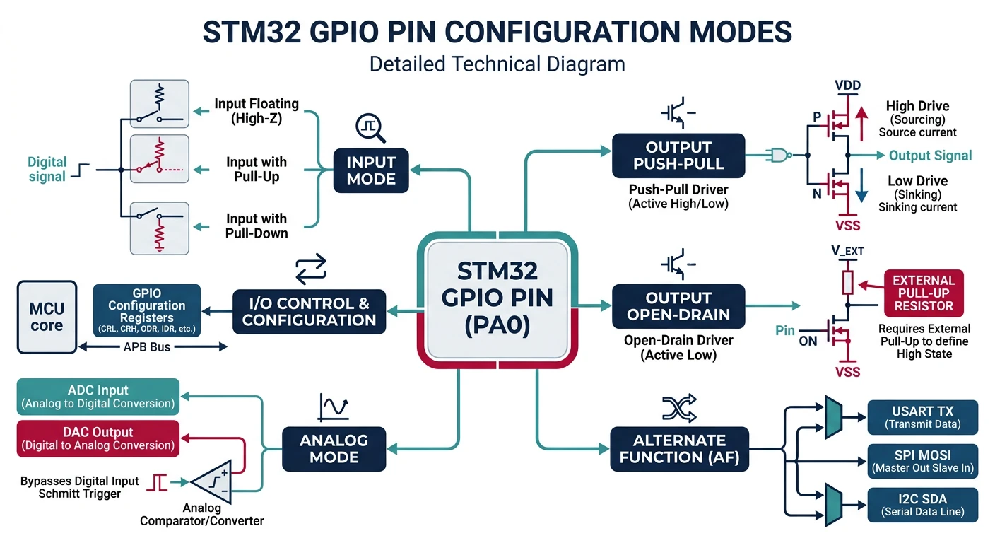 STM32 GPIO pin configuration modes including input, output push-pull, open-drain, alternate function, and analog