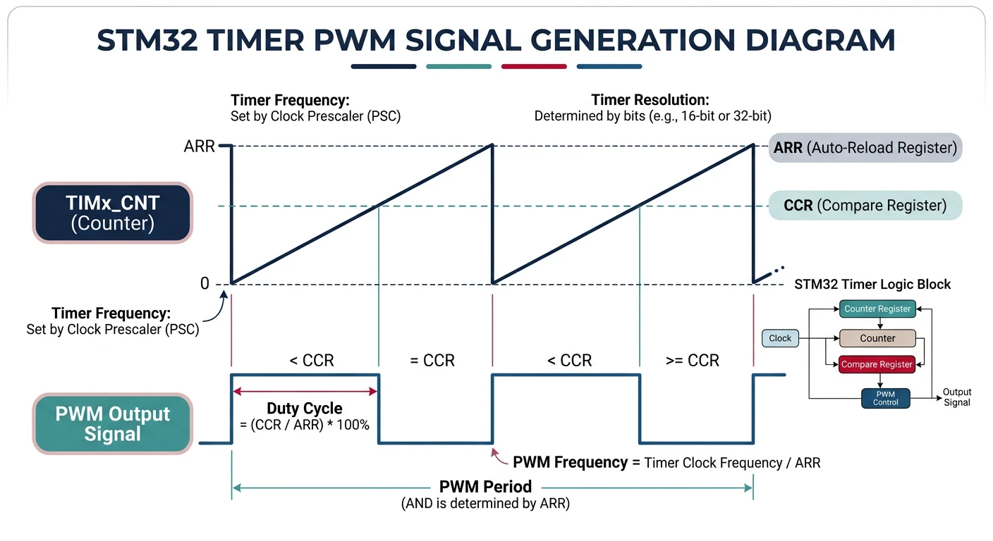 PWM signal generation diagram showing timer counter, compare register, and resulting duty cycle waveform output