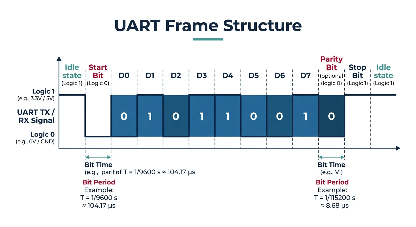 UART signal timing diagram showing start bit, 8 data bits, optional parity bit, and stop bit on TX and RX lines