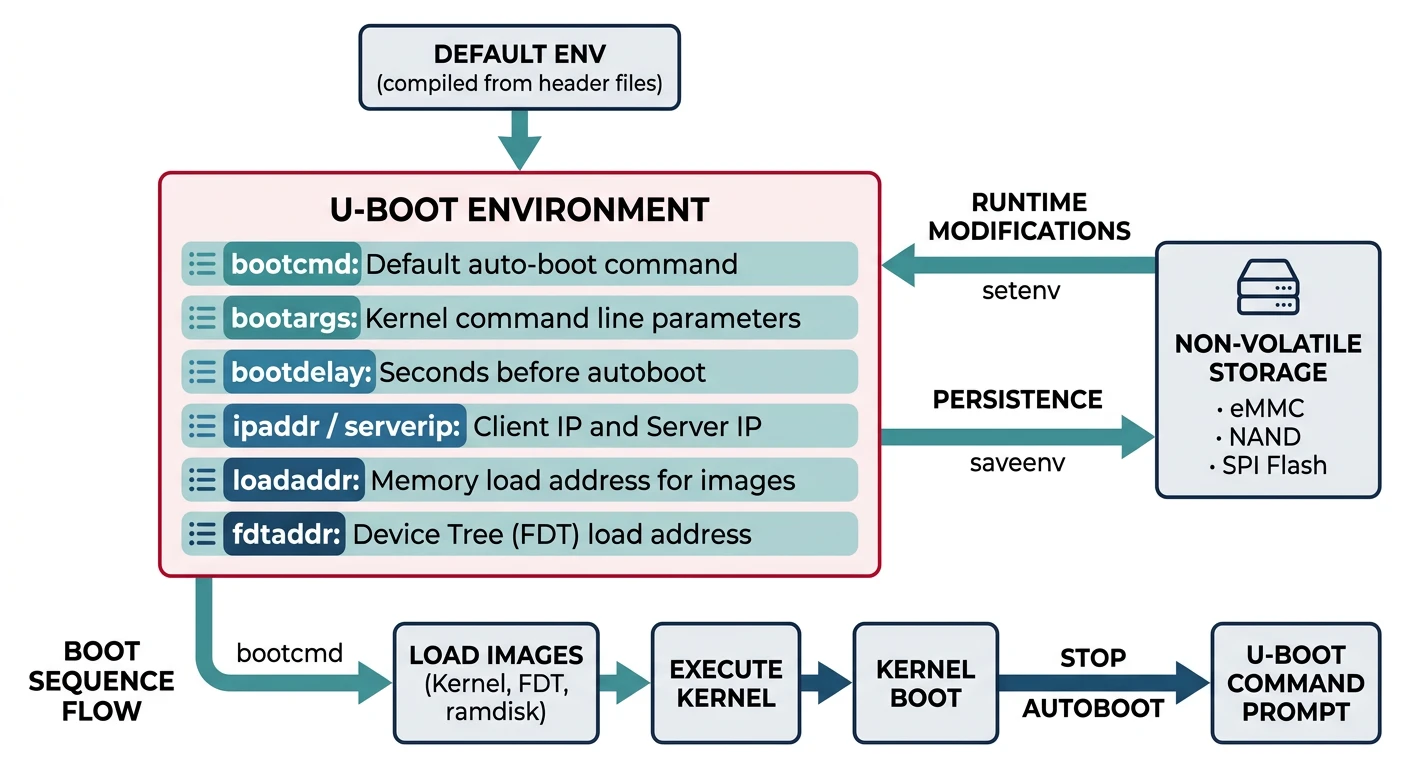 U-Boot environment variables configuration flow showing key variables and their relationships