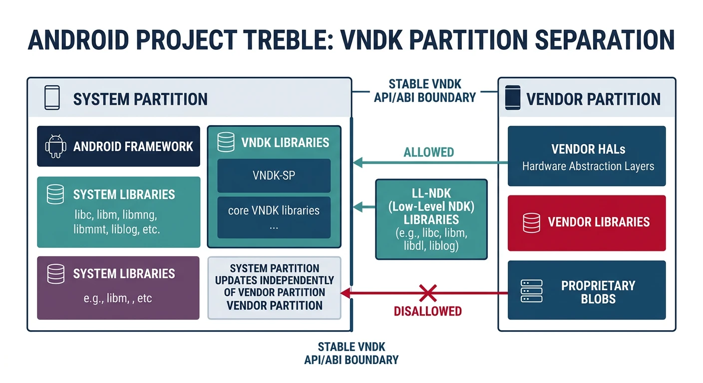 VNDK architecture showing stable API boundary between system and vendor partitions for Treble compliance