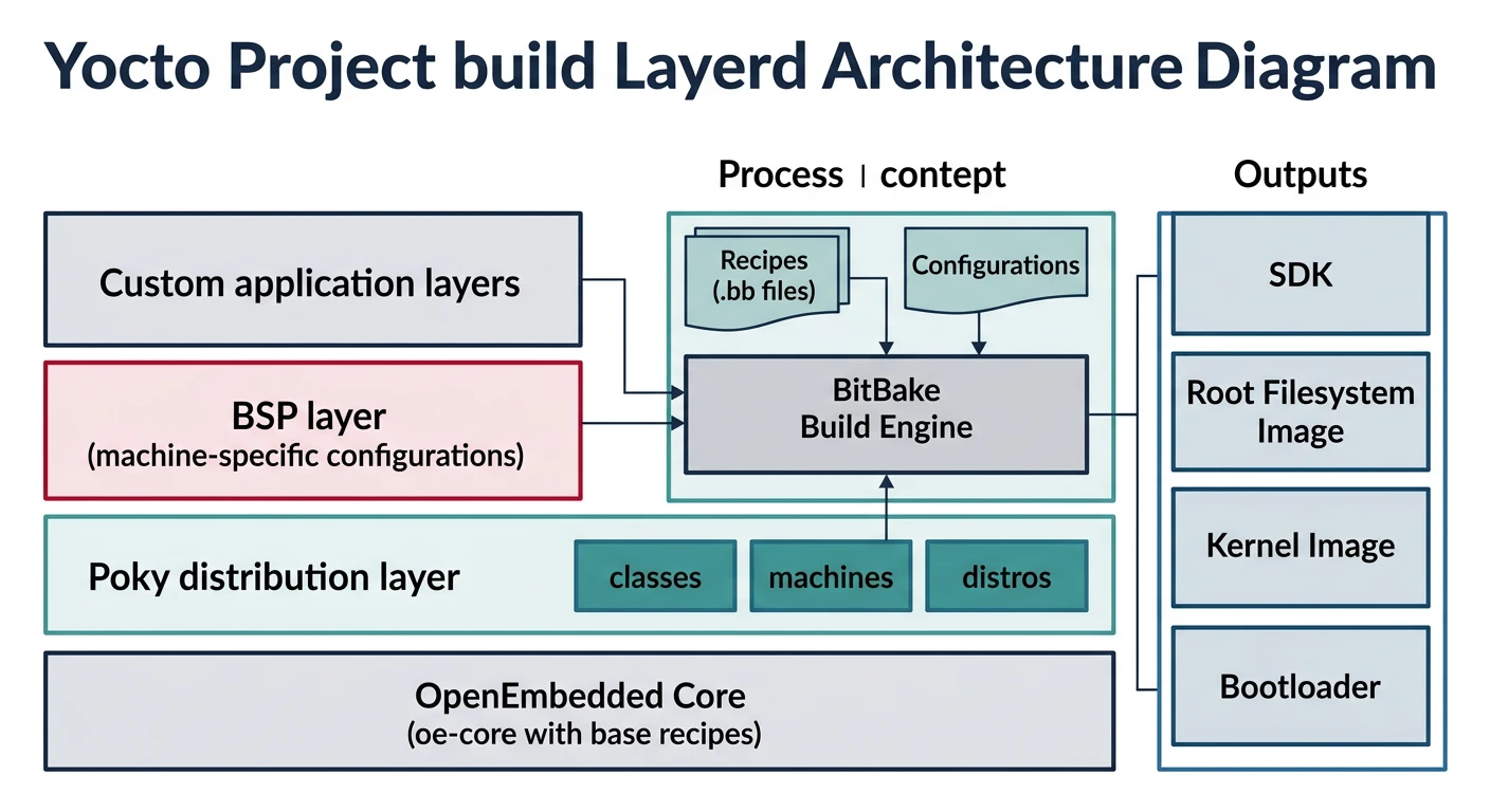 Diagram showing Yocto Project architecture with layers, recipes, BitBake engine, and image output