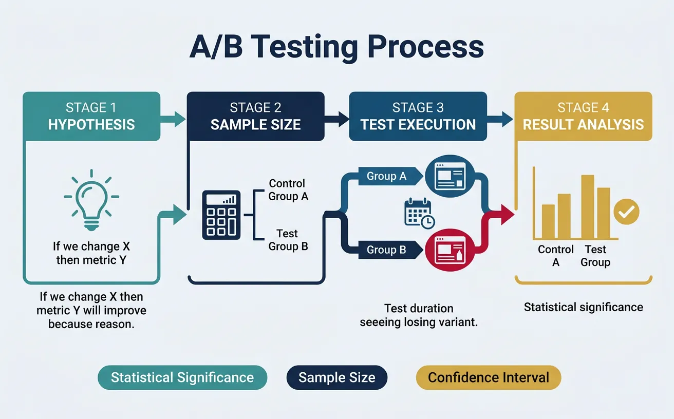 A/B testing process flowchart showing hypothesis formation, sample size calculation, test execution, and result analysis