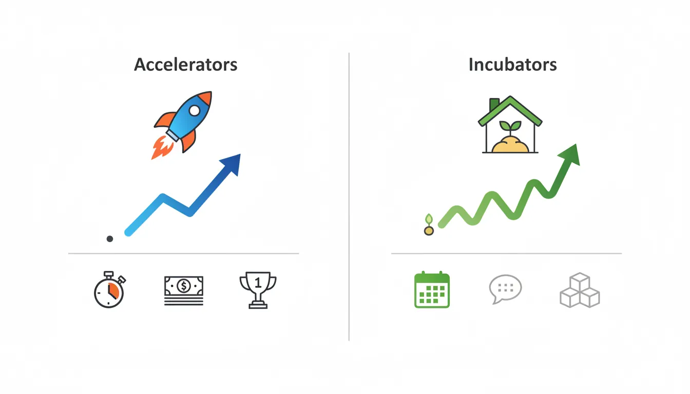 Comparison chart of accelerators versus incubators showing differences in duration, stage, investment, structure, and end goals