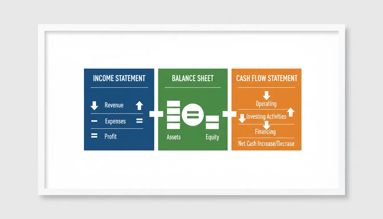 Diagram of three core financial statements: income statement, balance sheet, and cash flow statement with their relationships
